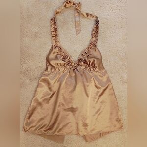 Vtg Frederick's of Hollywood Gold Satin Ruffle Bodice Halter Babydoll Slip Dress